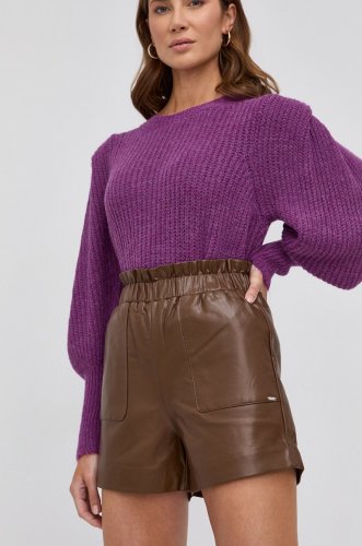Morgan pantaloni scurți femei, culoarea maro, material neted, high waist