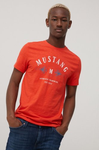 Mustang tricou din bumbac culoarea portocaliu, cu imprimeu