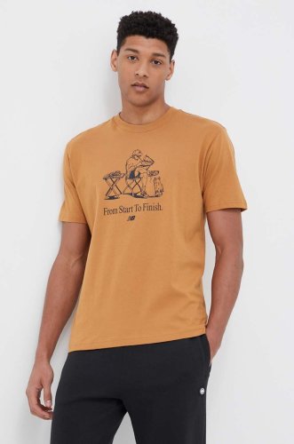 New balance tricou din bumbac culoarea maro, cu imprimeu