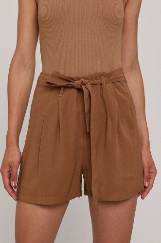 Only pantaloni scurți femei, culoarea maro, material neted, high waist