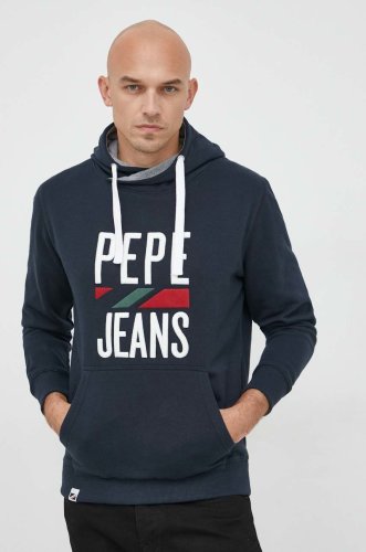 Pepe jeans bluza perrin barbati, culoarea albastru marin, cu glugă, cu imprimeu