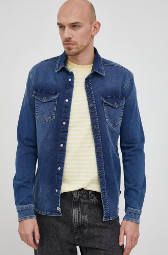 Pepe jeans camasa jeans new jepson barbati, culoarea albastru marin, cu guler clasic, regular