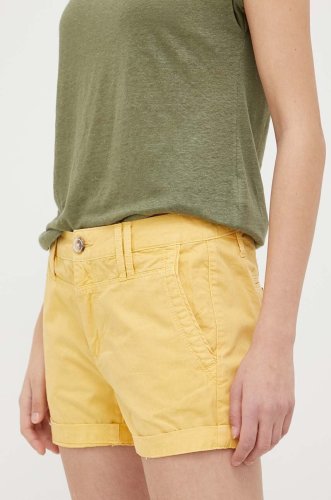 Pepe jeans pantaloni scurti din bumbac balboa culoarea galben, neted, medium waist