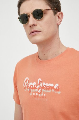 Pepe jeans tricou din bumbac richme culoarea portocaliu, cu imprimeu