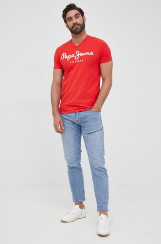 Pepe jeans tricou original stretch v n barbati, culoarea rosu, cu imprimeu