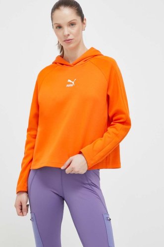Puma bluza femei, culoarea portocaliu, cu glugă, neted