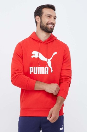 Puma hanorac de bumbac barbati, culoarea rosu, cu glugă, cu imprimeu