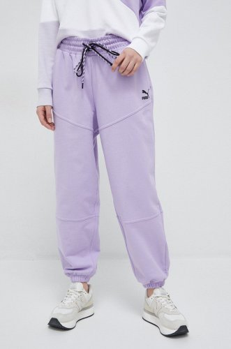 Puma pantaloni de trening din bumbac culoarea violet, neted 538339-01