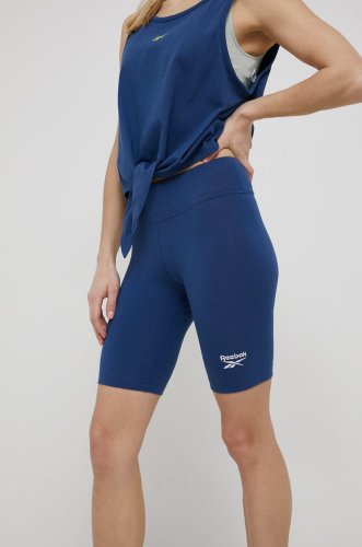 Reebok pantaloni scurti femei, culoarea albastru marin, neted, medium waist