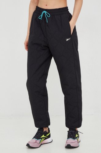 Reebok pantaloni sport thermowarm + graphene femei, culoarea negru, neted