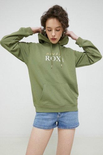 Roxy bluza femei, culoarea verde, cu glugă, cu imprimeu