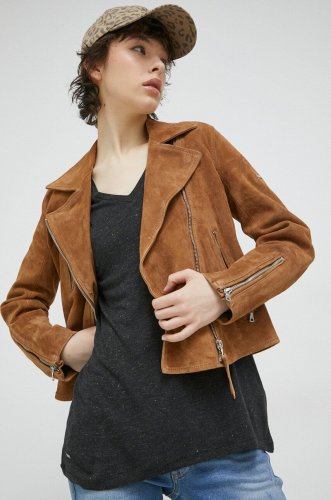 Superdry o jacheta biker din piele intoarsa femei, culoarea maro, de tranzitie