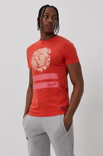 Superdry tricou bărbați, culoarea portocaliu, cu imprimeu