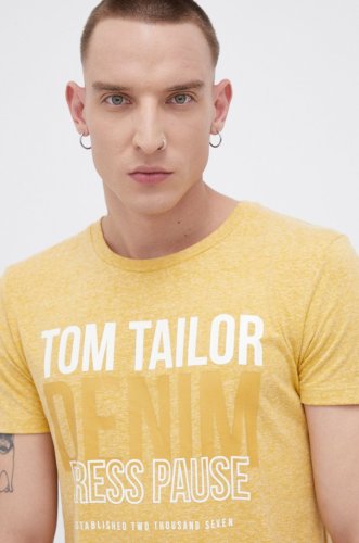 Tom tailor tricou bărbați, culoarea galben, cu imprimeu
