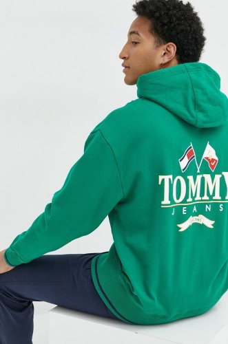 Tommy jeans hanorac de bumbac barbati, culoarea verde, cu glugă, cu imprimeu