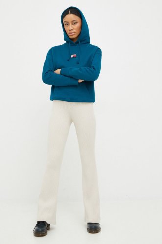 Tommy jeans hanorac de bumbac femei, culoarea turcoaz, neted