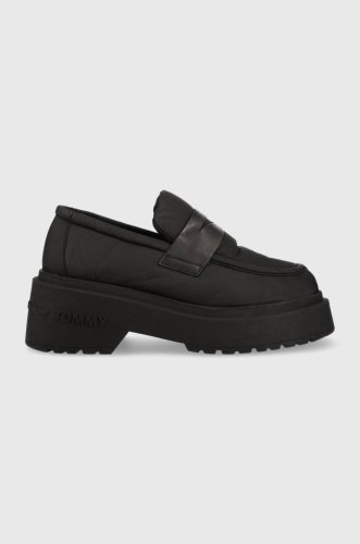 Tommy jeans mocasini puffer loafer femei, culoarea negru, cu platforma, en0en02080