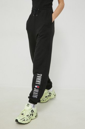 Tommy jeans pantaloni de trening femei, culoarea negru, cu imprimeu