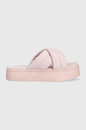 Tommy jeans papuci femei, culoarea roz, cu platforma, en0en02116