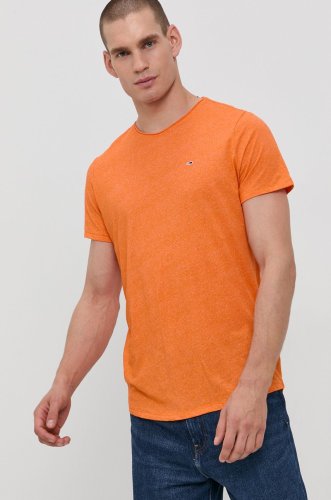 Tommy jeans tricou bărbați, culoarea portocaliu, material neted