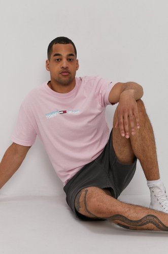Tommy jeans tricou bărbați, culoarea roz, cu imprimeu