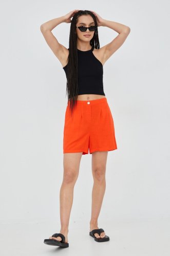 Vero moda pantaloni scurți din amestec de in femei, culoarea portocaliu, neted, high waist