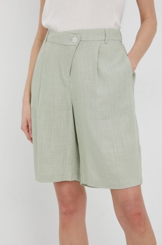 Vero moda pantaloni scurți din amestec de in femei, culoarea verde, neted, high waist