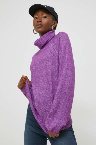 Vila pulover din amestec de lana femei, culoarea violet, light, cu guler