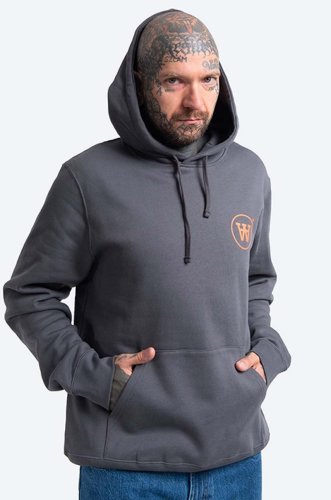 Wood wood hanorac de bumbac ian hoodie barbati, culoarea gri, cu glugă, cu imprimeu 10135605.2424-greymel