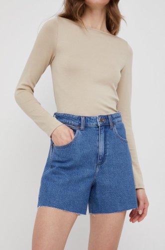 Wrangler pantaloni scurti jeans femei, culoarea albastru marin, neted, high waist