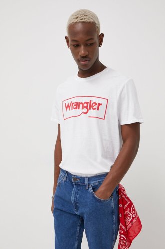 Wrangler tricou din bumbac culoarea alb, cu imprimeu