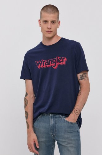 Wrangler tricou din bumbac culoarea albastru marin, cu imprimeu