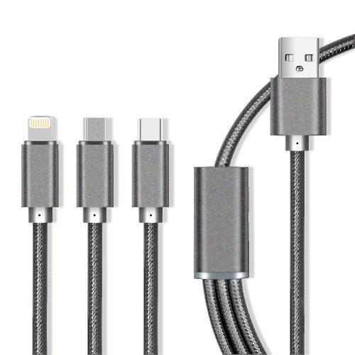 Cablu maxlife 3in1 usb – lightning + usb-c + microusb 1,0 m 2,1a nailon gri