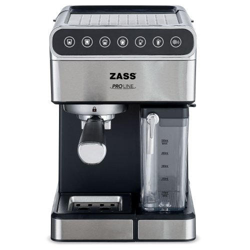 Espressor de cafea zass zem 10, presiune 16 bari, putere 1350w, rezervor apa 1,8l, rezervor lapte 0,5l, functioneaza cu cafea macinata si tip ese, panou touch, carcasa inox