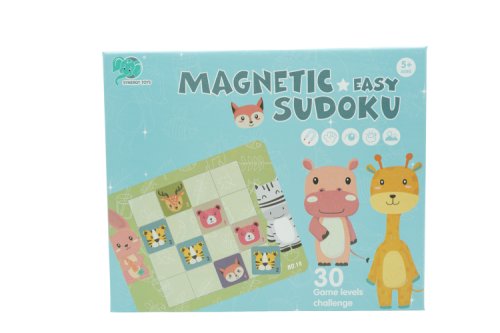Joc educativ sudoku cu tablita magnetica, 32 de piese, cartonase cu animale, verde