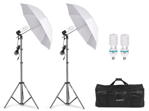Kit lumini, 2 umbrele studio foto-videochat + trepiezi + geanta + becuri 85 w andoer