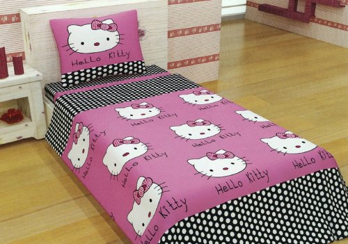 Lenjerie de pat copii hello kitty fundal roz bumbac 100%, 3 piese, multicolor, 160 x 200 cm