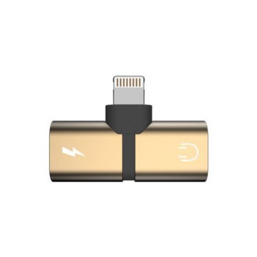 Mini adaptor iuni compatibil cu apple iphone, lightning splitter, dual port, adaptor casti, adaptor incarcare, gold