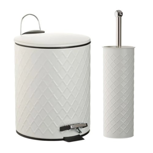 Set accesorii baie luxury white format din cos gunoi, perie wc cu model carouri, alb mat