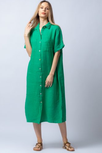 Rochie midi verde, tip camasa, cu buzunare aplicate, din in